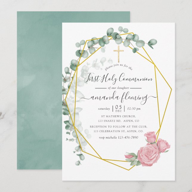 Invitation Première communion géométrique Eucalyptus Rose (Devant / Derrière)