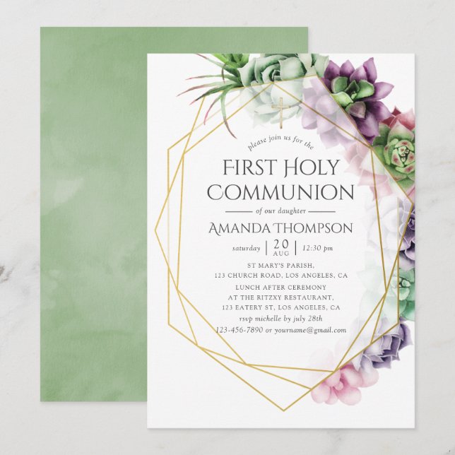 Invitation Première communion géométrique succulente (Devant / Derrière)
