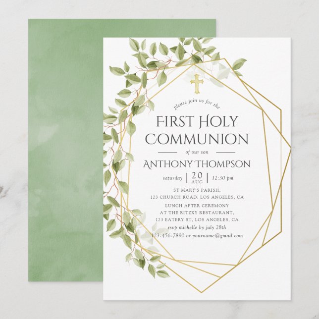 Invitation Première communion géométrique verdoyante (Devant / Derrière)