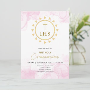 Invitation Première Communion Gold avec IHS lettrer l'invitat