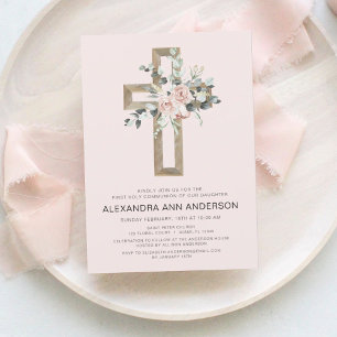 Invitation Première Communion Gold Cross Blush rose Floral