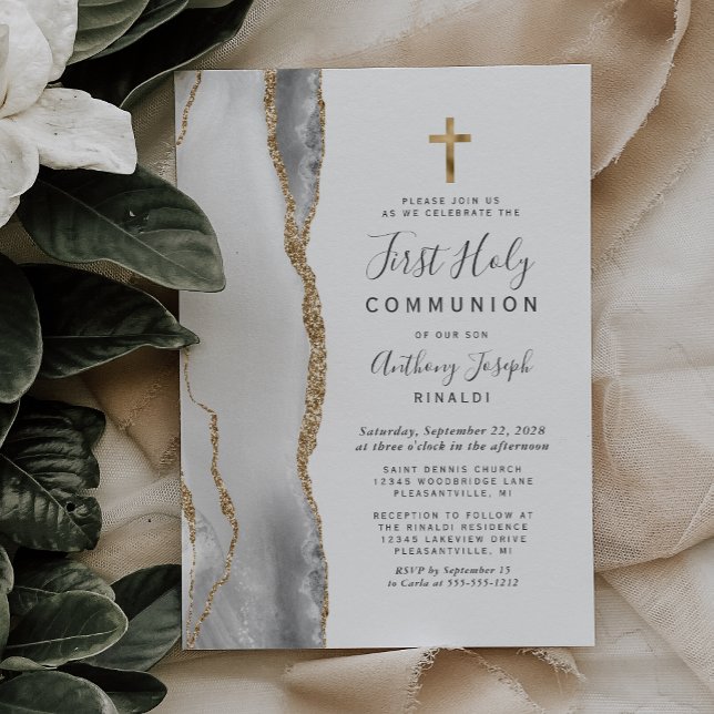 Invitation Première communion gris blanc agate or paillettes (Créateur téléchargé)