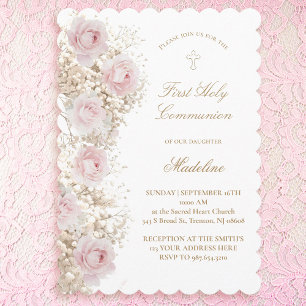 Invitation Première communion Gypsophile et roses roses