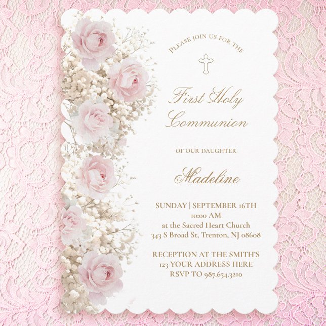 Invitation Première communion Gypsophile et roses roses (Créateur téléchargé)