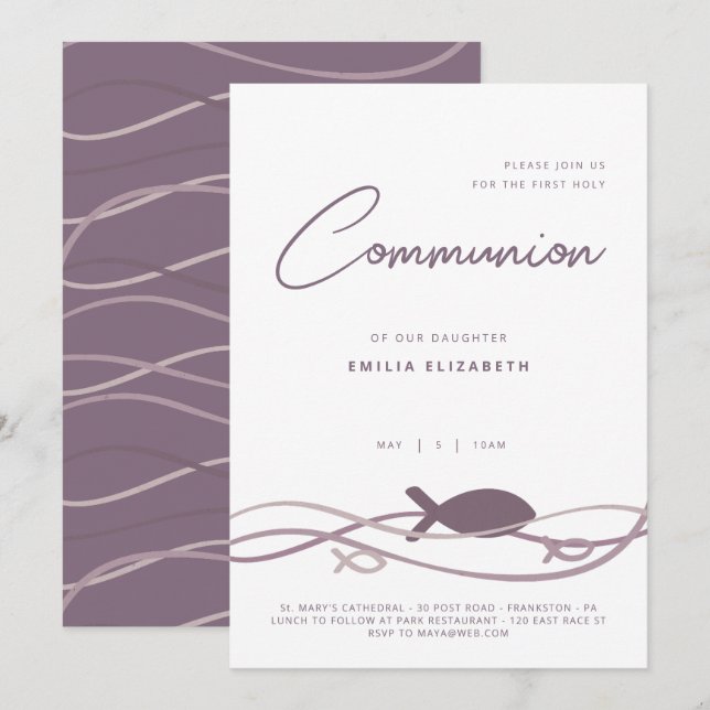 Invitation Première Communion - Ichthys Poisson Violet Modern (Devant / Derrière)