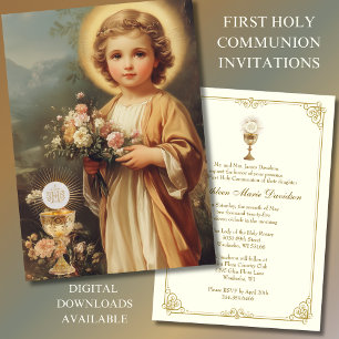 Invitation Première communion Jésus Floral Vintage