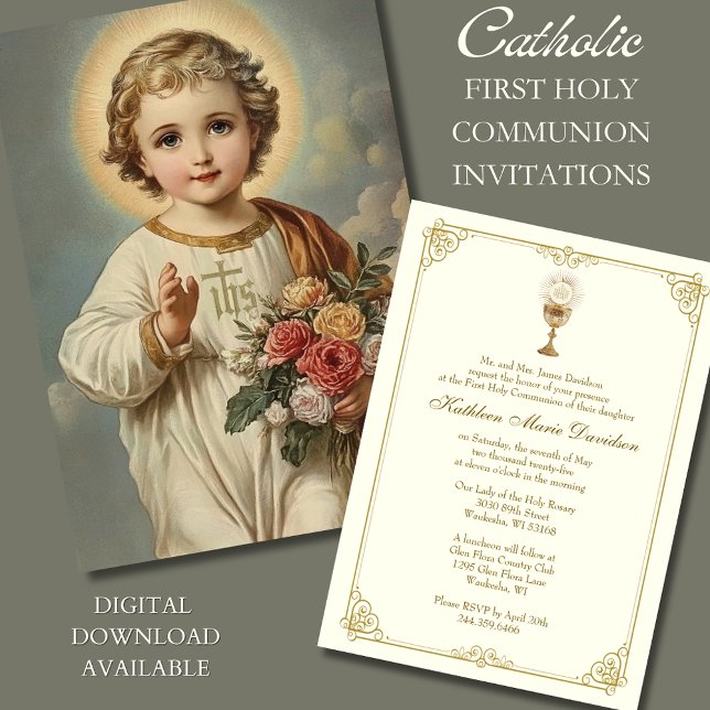 Invitation Première communion Jésus Floral Vintage (Créateur téléchargé)