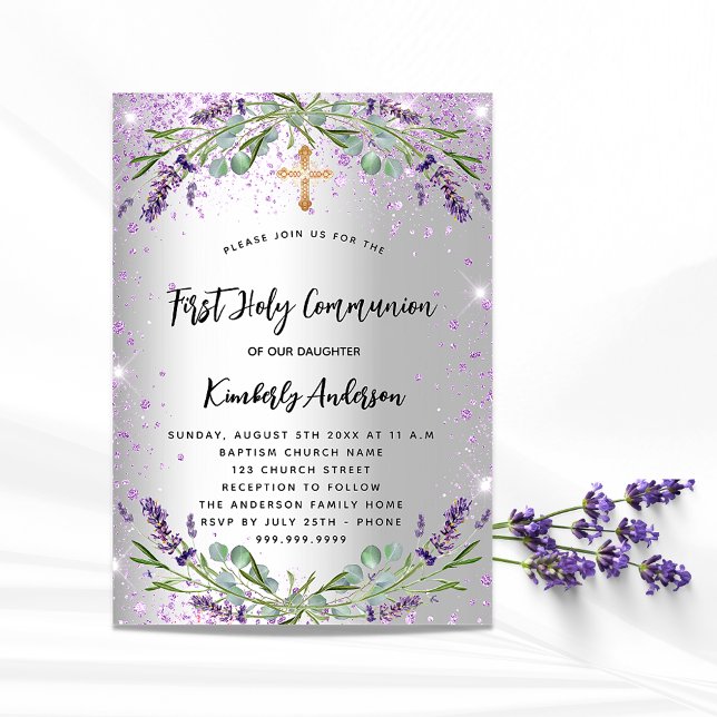 Invitation Première communion lavande argent violet scintille (Créateur téléchargé)
