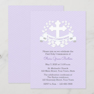 Invitation Première communion Leaf Laurel Cross Lilac