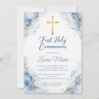 Invitation Première communion Marbre Bleu Aquarelle