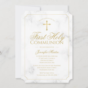 Invitation Première Communion Marbre Élégant Gold Script Girl
