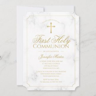 Invitation Première Communion Marbre Élégant Gold Script Girl