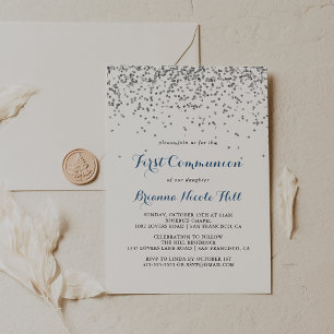 Invitation Première communion minimaliste Confetti Argent