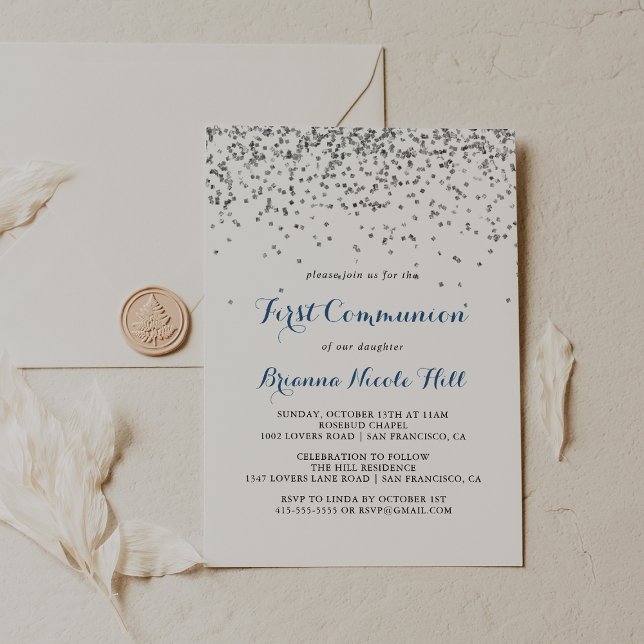 Invitation Première communion minimaliste Confetti Argent (Créateur téléchargé)