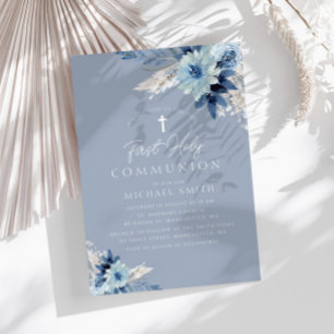 Invitation Première communion moderne à fleurs bleues poussié