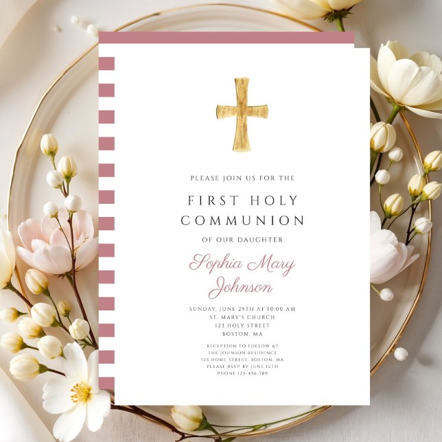Invitation Première communion moderne fille croix rayures ros (Modern Pink Stripes Cross Girl First Communion Invitation )