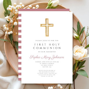 Invitation Première communion moderne fille croix rose
