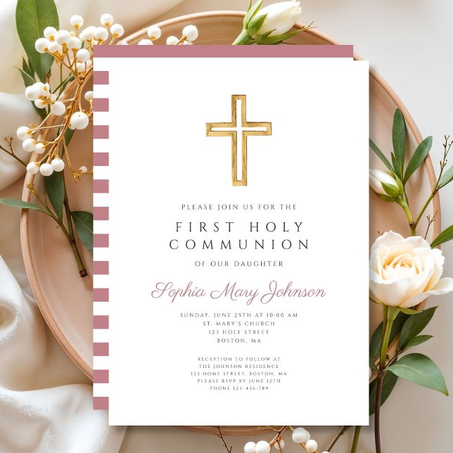 Invitation Première communion moderne fille croix rose (Modern Pink Cross Girl First Communion Invitation)