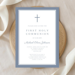 Invitation Première communion moderne garçon croix bleu pouss