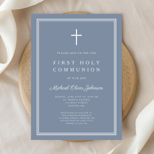 Invitation Première communion moderne garçon croix bleu pouss