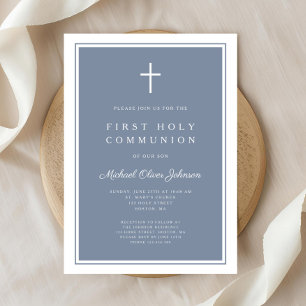 Invitation Première communion moderne garçon croix bleu pouss