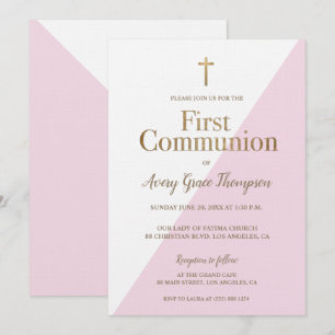 Invitation Première communion moderne Pink White Gold fille