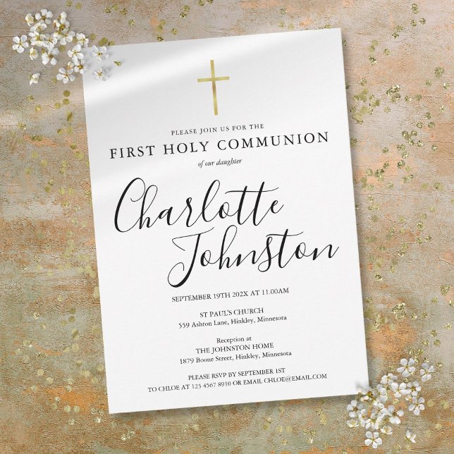 Invitation Première communion noire et or (Black And Gold First Holy Communion Invitation)