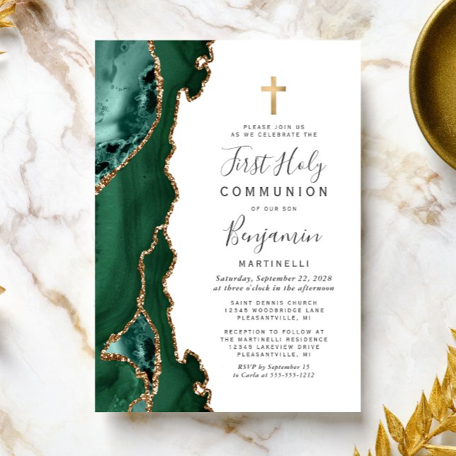 Invitation Première communion Or Agate Vert Emeraude (Créateur téléchargé)