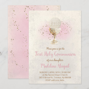 Invitation première communion paillettes FAUX et aquarelle ro