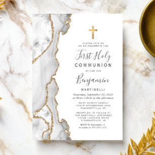Invitation Première communion paillettes or agate grise