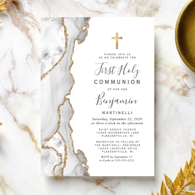 Invitation Première communion paillettes or agate grise (Créateur téléchargé)