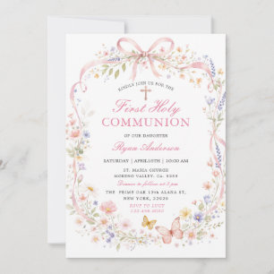 Invitation Première communion Papillon Rose Fleur Sauvage