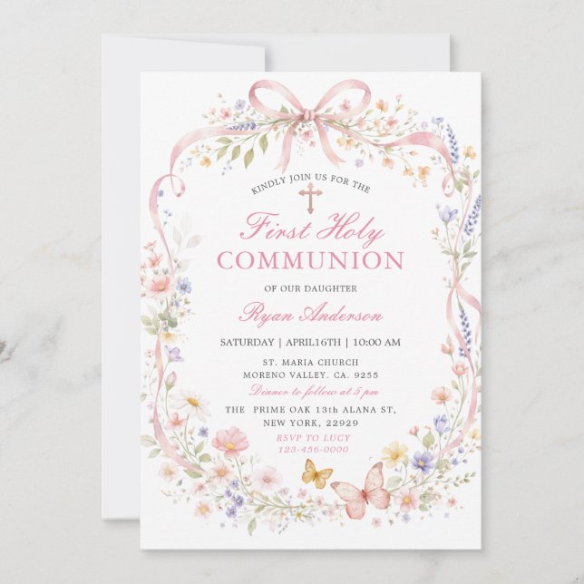 Invitation Première communion Papillon Rose Fleur Sauvage  (Devant)