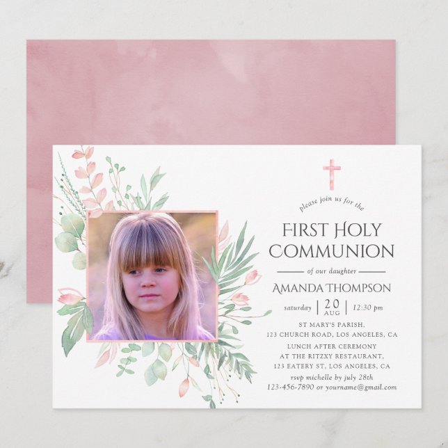 Invitation Première communion Pastel Blush et verdure (Devant / Derrière)