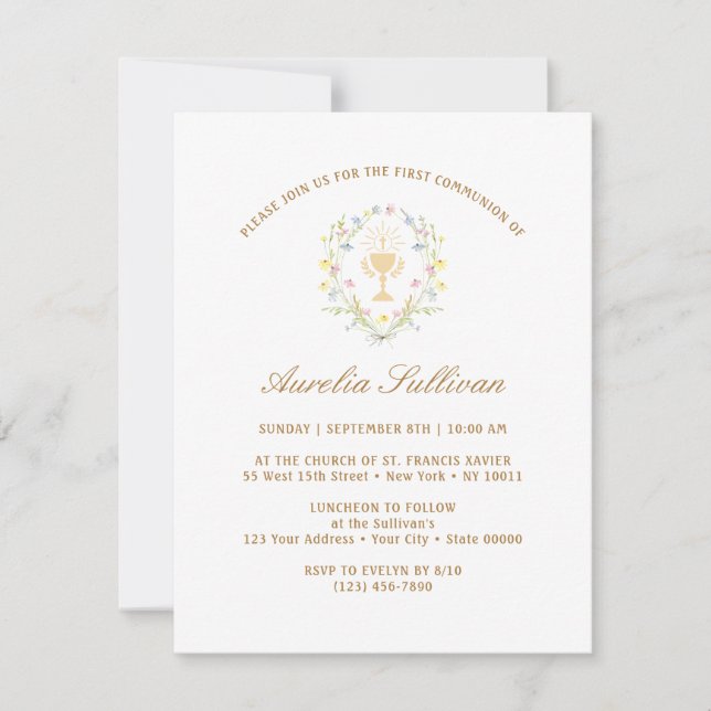 Invitation Première communion Pastel simple Fleurs sauvages d (Devant)