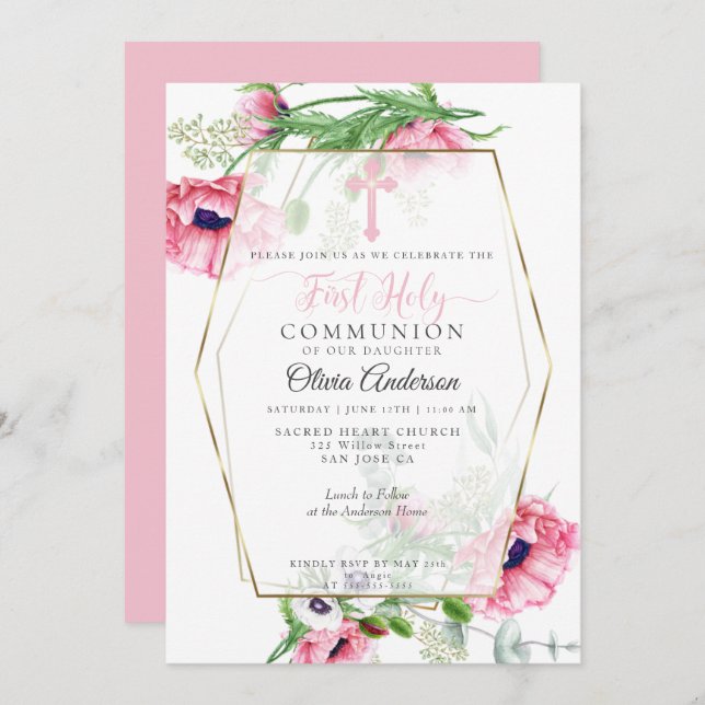 Invitation Première communion | Pavois roses et feuillage (Devant / Derrière)