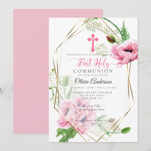 Invitation Première communion | Pavois roses et feuillage 2 (Devant / Derrière)