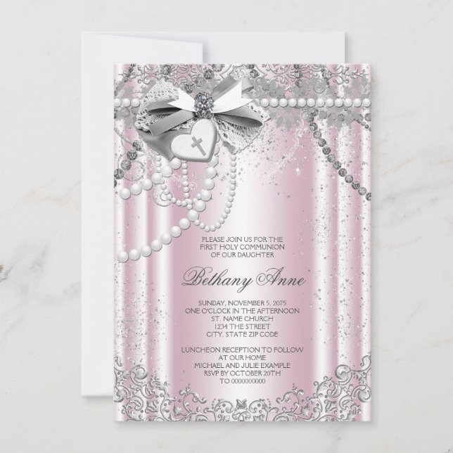 Invitation Première communion perle rose et grise (Devant)