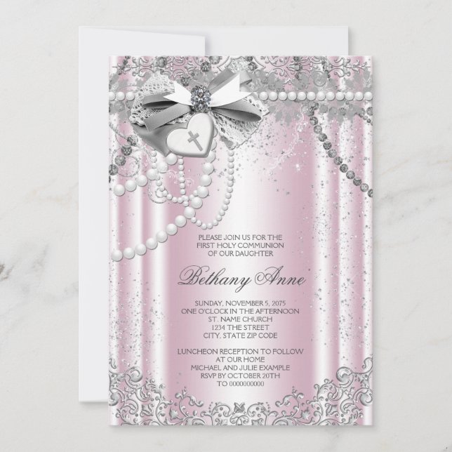 Invitation Première communion perle rose et grise (Devant)