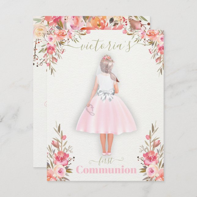 Invitation Première Communion personnalisée Portrait Girl in (Devant / Derrière)