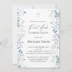 Invitation Première communion petites fleurs aquarelle bleues