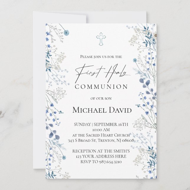 Invitation Première communion petites fleurs aquarelle bleues (Devant)