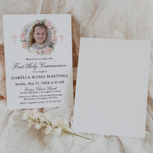 Invitation Première communion photo rose rose florale