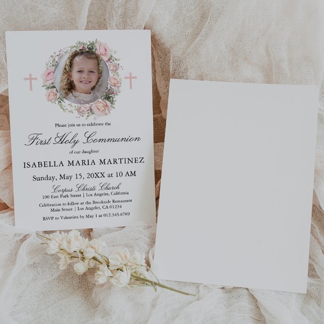 Invitation Première communion photo rose rose florale (Créateur téléchargé)