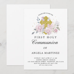 Invitation Première Communion Pink Floral Gold Cross Invitati