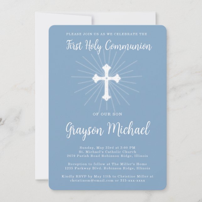 Invitation Première communion pour fils bleu poussiéreux Croi (Devant)