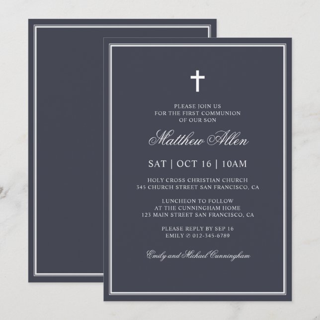 Invitation Première Communion Pour Lui | Croix classique élég (Devant / Derrière)