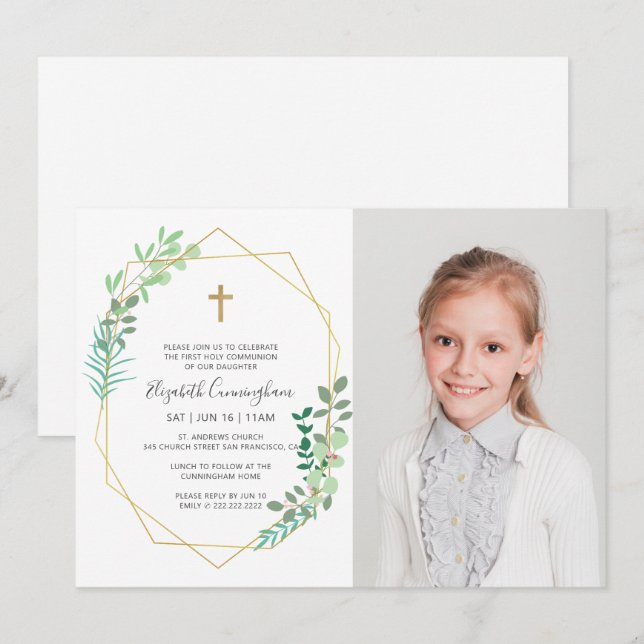 Invitation Première Communion Pour Sa Croix De Foliage Géomét (Devant / Derrière)