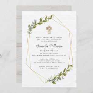 Invitation Première communion pour sa flore géométrique rusti