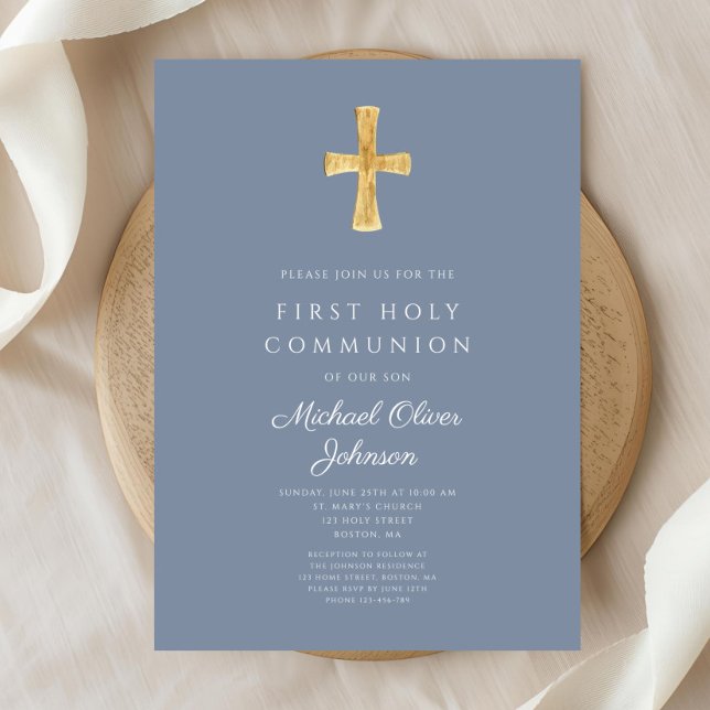 Invitation Première communion religieuse croix bleue moderne  (Modern Blue Cross Religious Boy First Communion Invitation)
